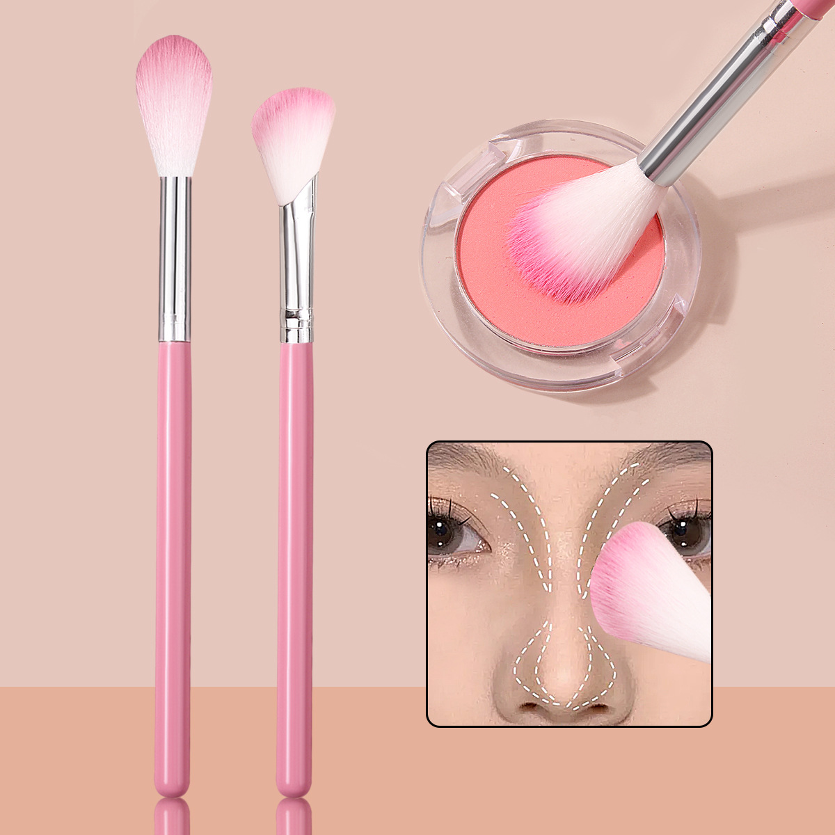 Portable makeup tools: 2 pink flame diffusion brushes, nose side shadow contouring brushes, semi-fan-shaped nose shadow highlight brushes full figure