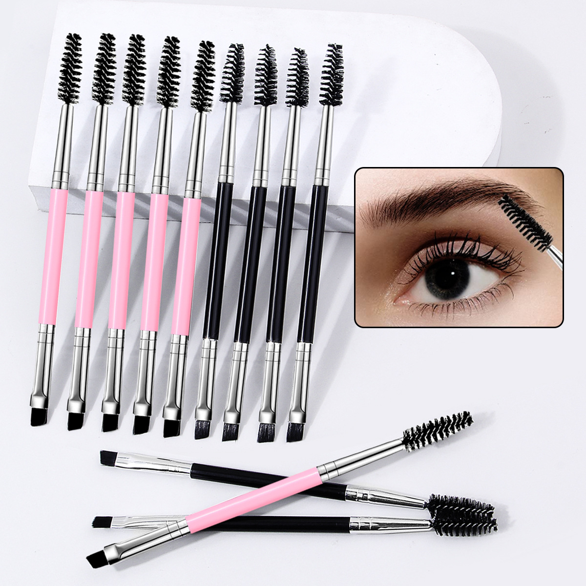 Multi-functional double-headed eyebrow brush, eyelash brush, eyelash curl makeup spiral brush, angled eyebrow brush, eyeliner brush, eye makeup tool full figure