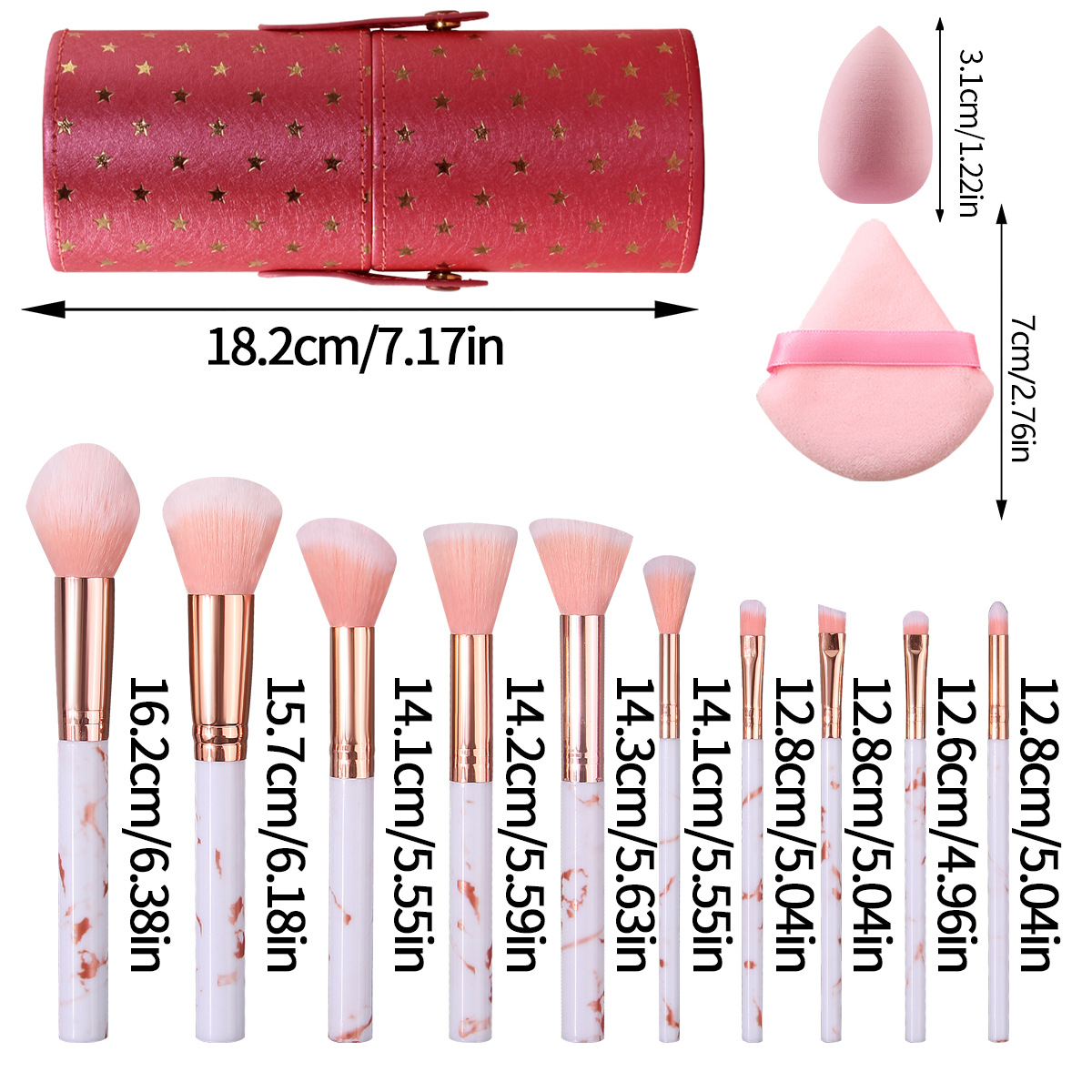 New 10-piece marble-patterned makeup brush set: eyeshadow brush, foundation brush, beauty egg triangle powder puff with storage bucket Item Picture