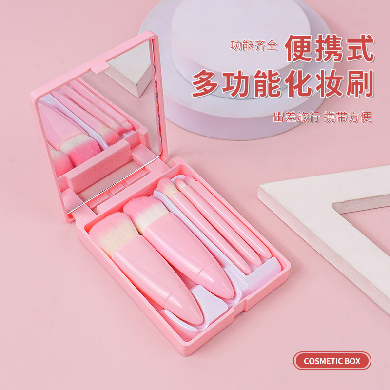5 pieces of makeup brush box, mini for business trips and travel, portable eyeshadow brush with details, mirror foundation brush details Picture