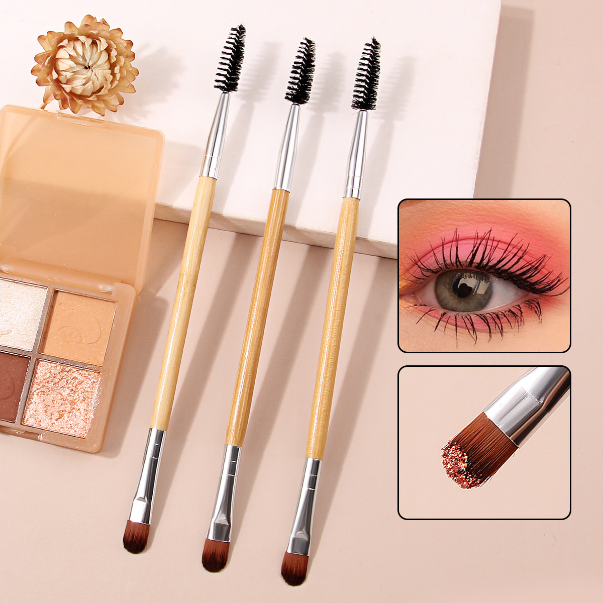 Factory direct sales of 3 double-headed bamboo-handled makeup brushes, eyeshadow brushes, smudging brushes, spiral mascara brushes and portable beauty brushes full figure