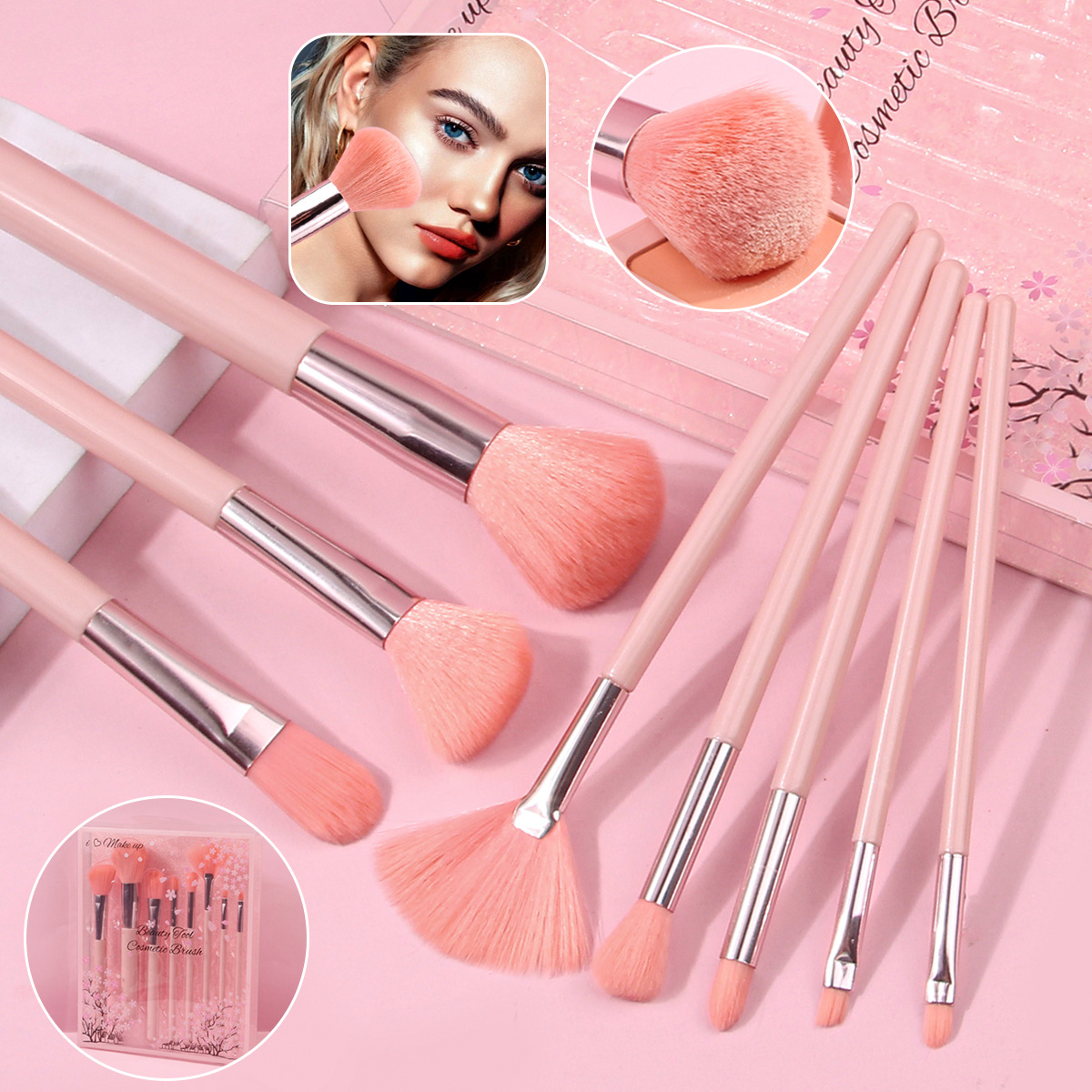 New cherry blossom powder gift box set of 8 makeup brushes, makeup eyeshadow powder and blush brushes in stock, professional makeup set brushes full figure