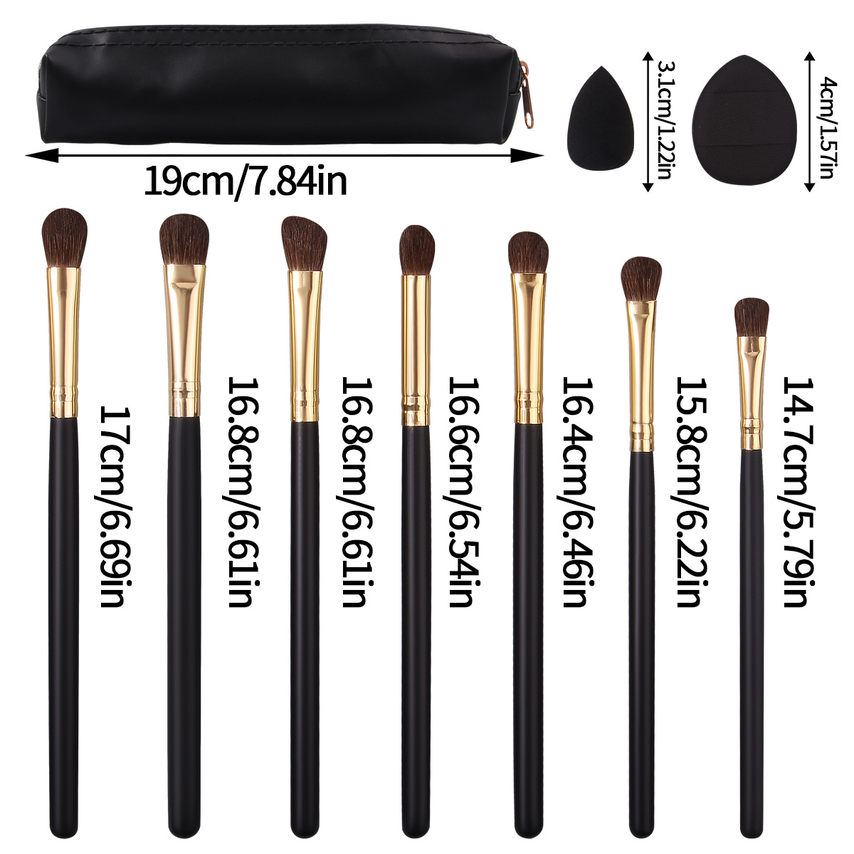 7-piece Pony hair eye makeup brush, soft bristle eyeshadow brush, highlighter brush, nose shadow brush, portable sponge powder puff, makeup bag Item Picture