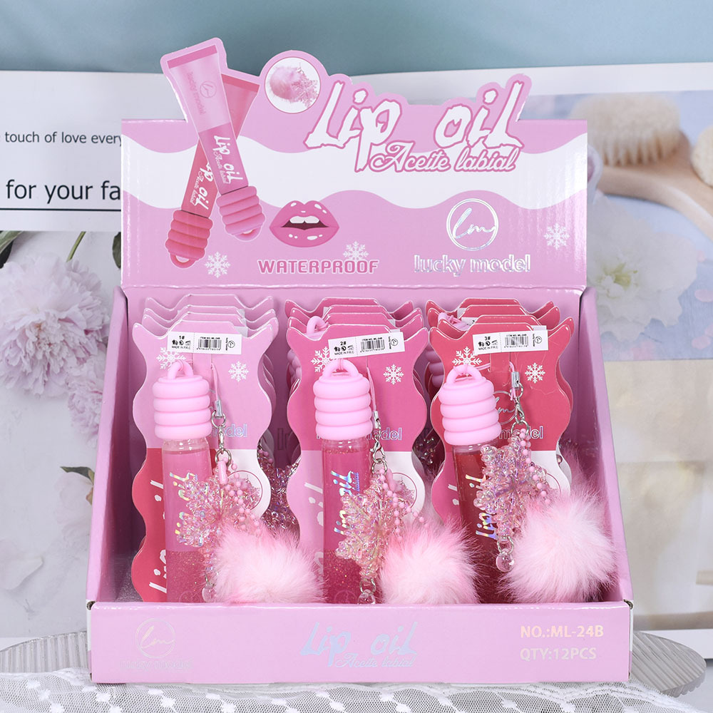 ML-24B Snowflake Pom-ball Pendant Sequin Lip Gloss Lip Oil LUCKY MODEL Tube SHINY LIPOIL full figure