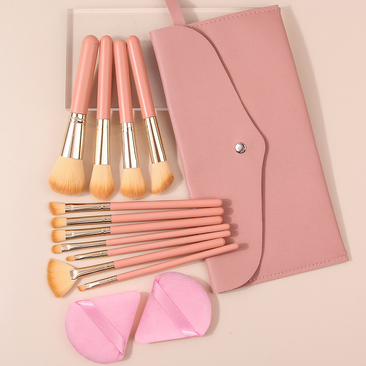 11 pink makeup brushes set with storage bag + triangular powder puff beauty tools in full stock for wholesale Specification drawing