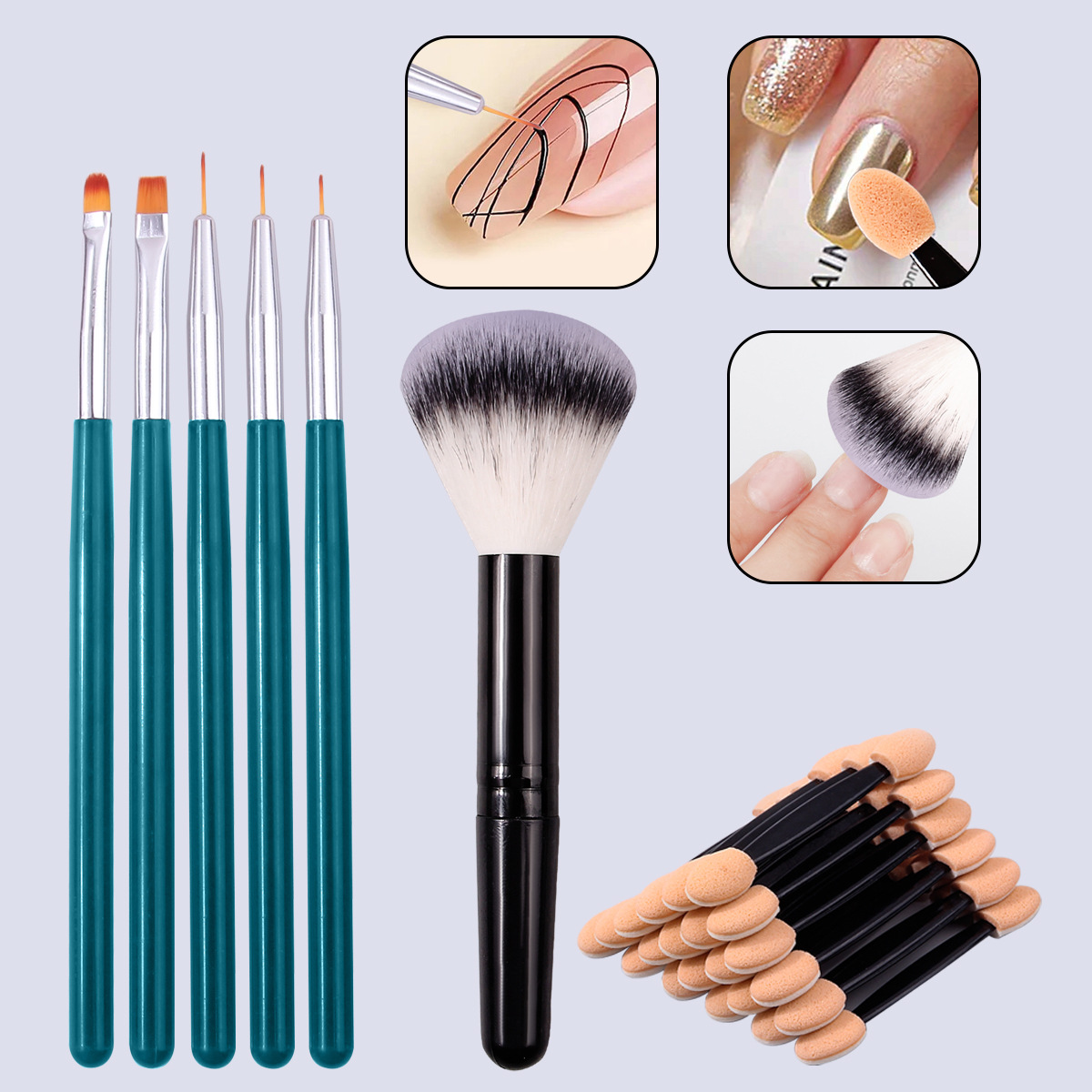 Nail art set combination: Double-headed sponge stick, single dust brush, 5 nail art brushes, French painting line drawing pen full figure