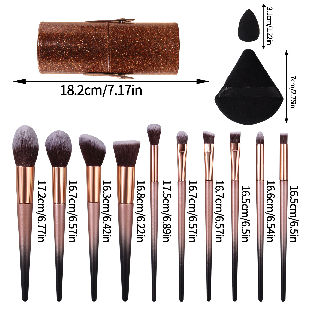 Black and Gold Gradient 10-piece makeup brush set in stock. Beauty tools: loose powder, blush brush, sponge, powder puff with storage bucket Item Picture