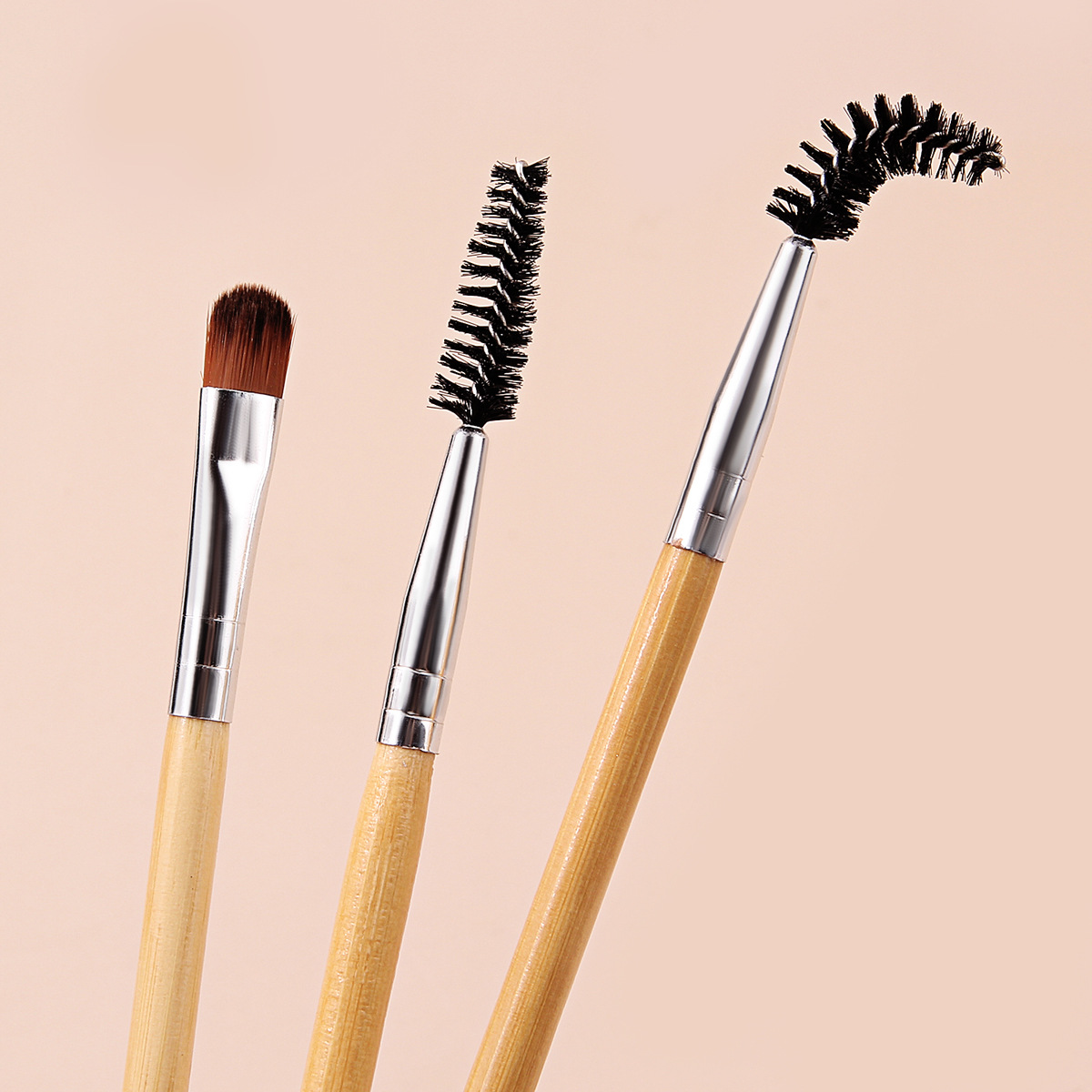 Factory direct sales of 3 double-headed bamboo-handled makeup brushes, eyeshadow brushes, smudging brushes, spiral mascara brushes and portable beauty brushes details Picture