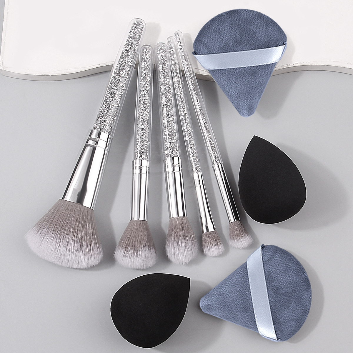 Silver 5-diamond makeup brush set, soft bristle facial makeup brush, dry and wet dual-purpose beauty egg triangle powder puff Specification drawing