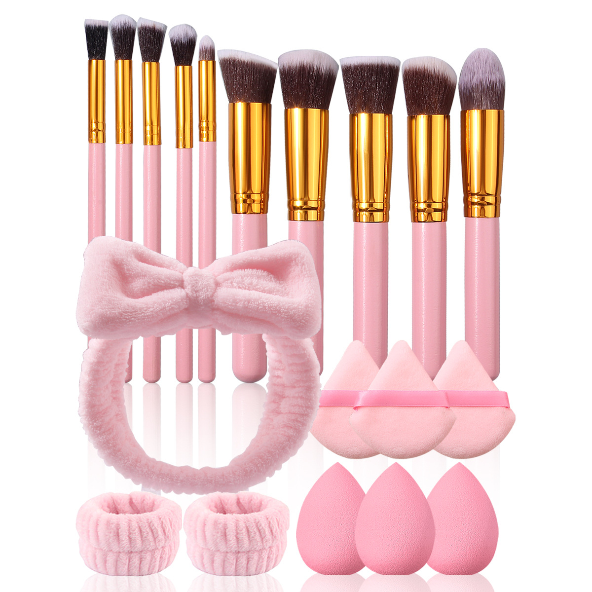 19-piece makeup tool set: Blush brush, eyeshadow brush, hair band, makeup powder puff, sponge egg. Long-term stock available Item Picture