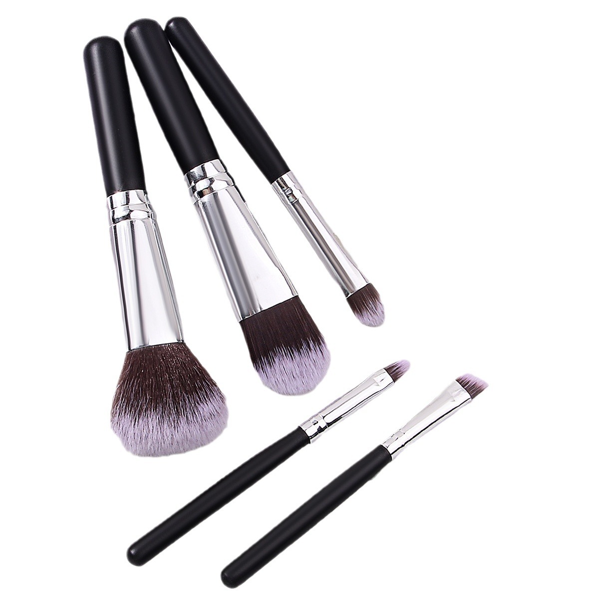 Short-handled 5-piece makeup brush, blush brush, eyeshadow brush, black and silver, wooden-handled makeup set, hand refresh mini makeup tool Item Picture