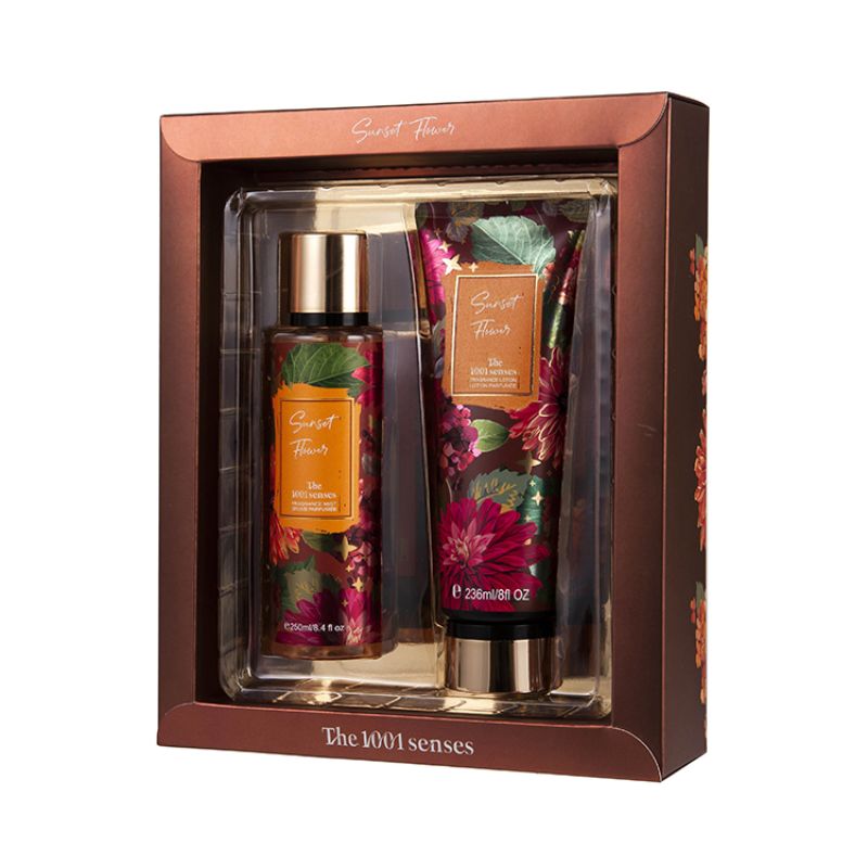 Set of perfume water + 250ml Body spray+236ml body Lotion SUNSET FLOWER details Picture