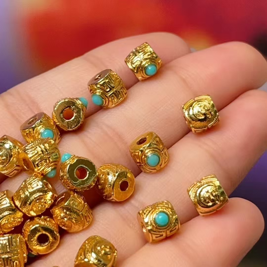 Turquoise ancient-patterned bucket beads diy jewelry accessories, crystal accessories, ancient-style sand gold accessories, copper-plated real gold with high color retention details Picture