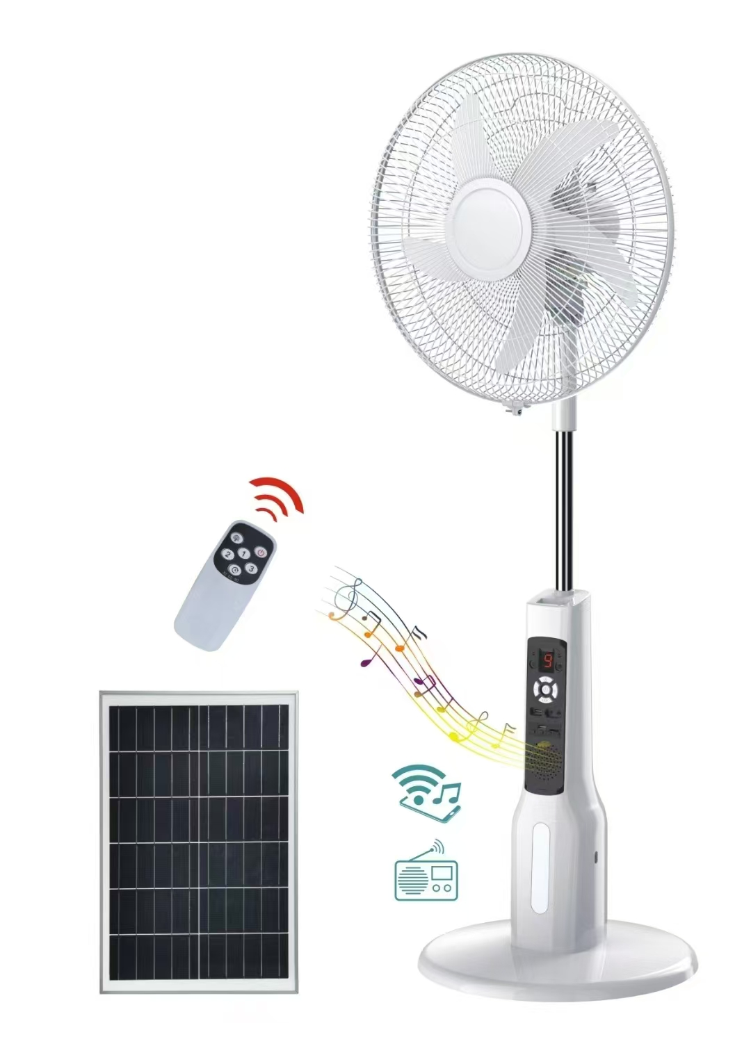 YOBOLIFE 新款LM-116B落地风扇16寸太阳能充电风扇，蓝牙音乐播放，9档风小屏幕显示遥控控制，非洲南美热销款