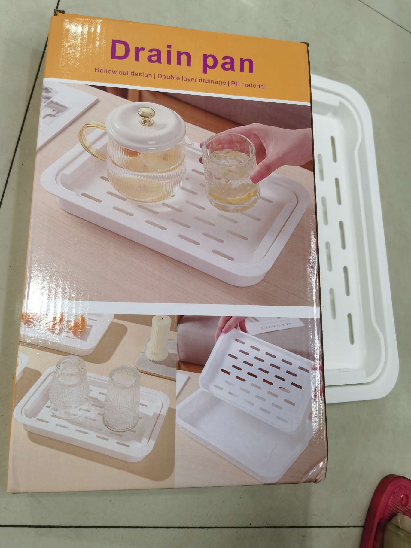 Double-layer plastic draining tray, rectangular, household, for tea cups, water cups, water kettles, cups, water drawing, water filtering, water receiving, tea tray Application Scenario
