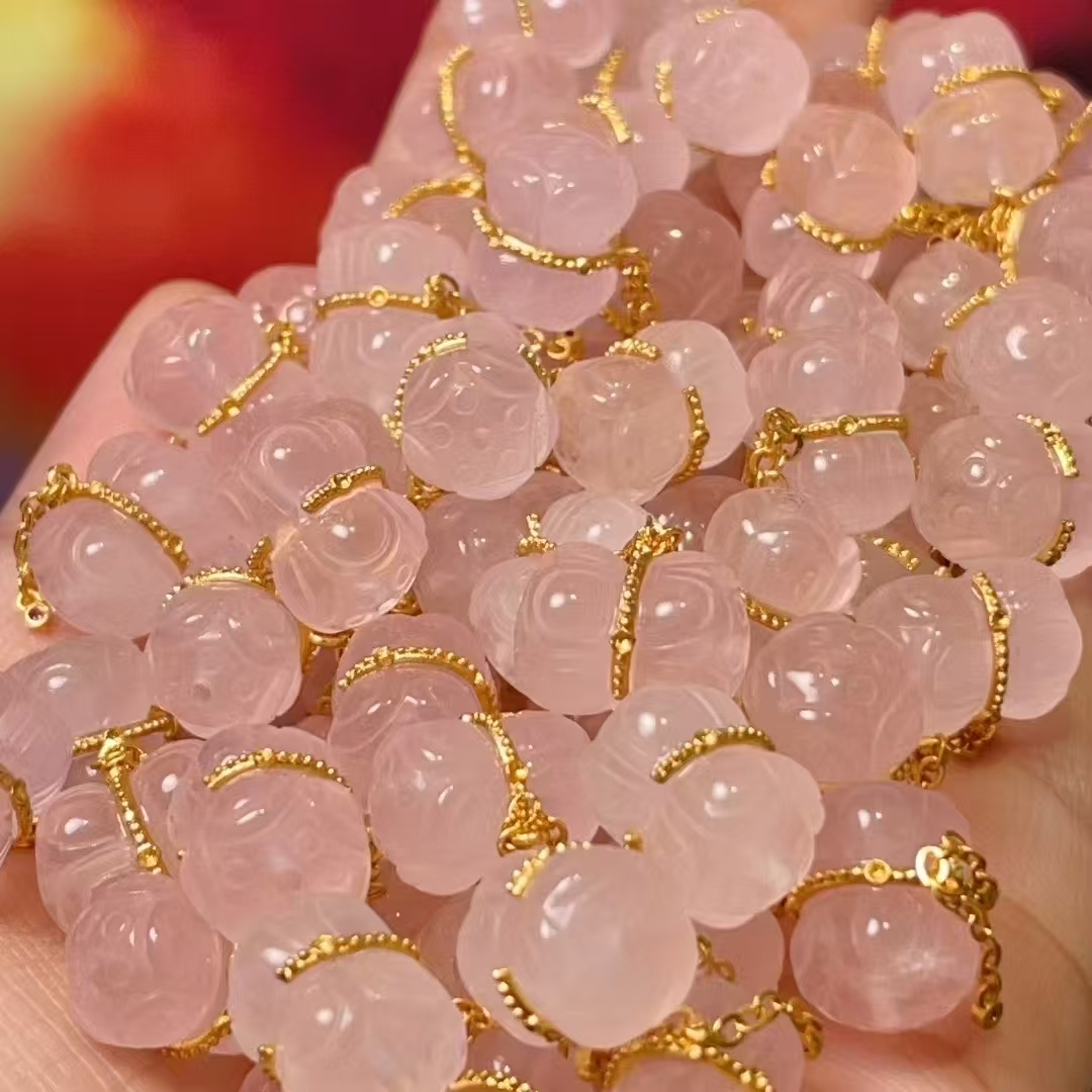 Natural rose quartz double lotus drop diy jewelry accessories, crystal accessories, traditional sand gold accessories, copper-plated real gold, high color retention Specification image
