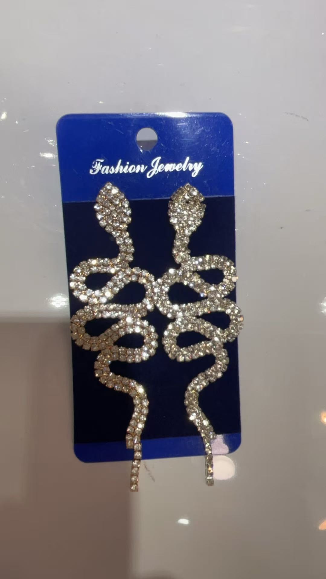 外贸个性满钻蛇形耳环 欧美潮流水钻夸张耳钉水晶配饰女