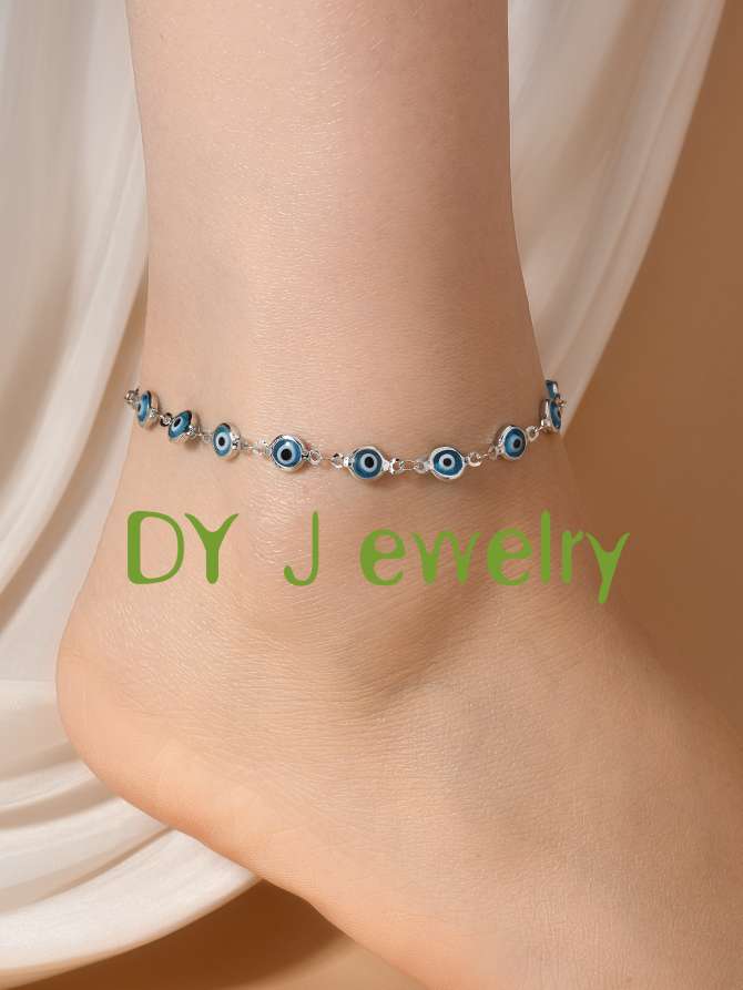 2025 European and American cross-border jewelry trend Fashion Devil's Eye Ankle Chain Retro and simple oil-dripping eye sky blue fashion jewelry ankle chain, trendy and versatile women's style details Picture