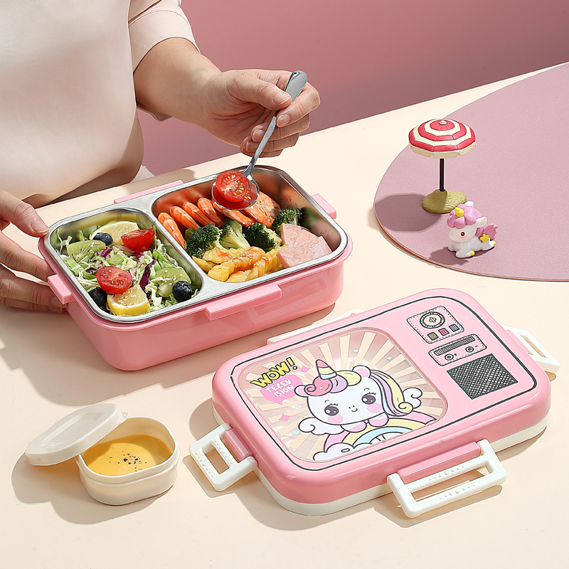 J35-7124 New cartoon lunch box, two-compartment with tableware, sealed leak-proof preservation box, Korean-style lunch box, food grade Specification image