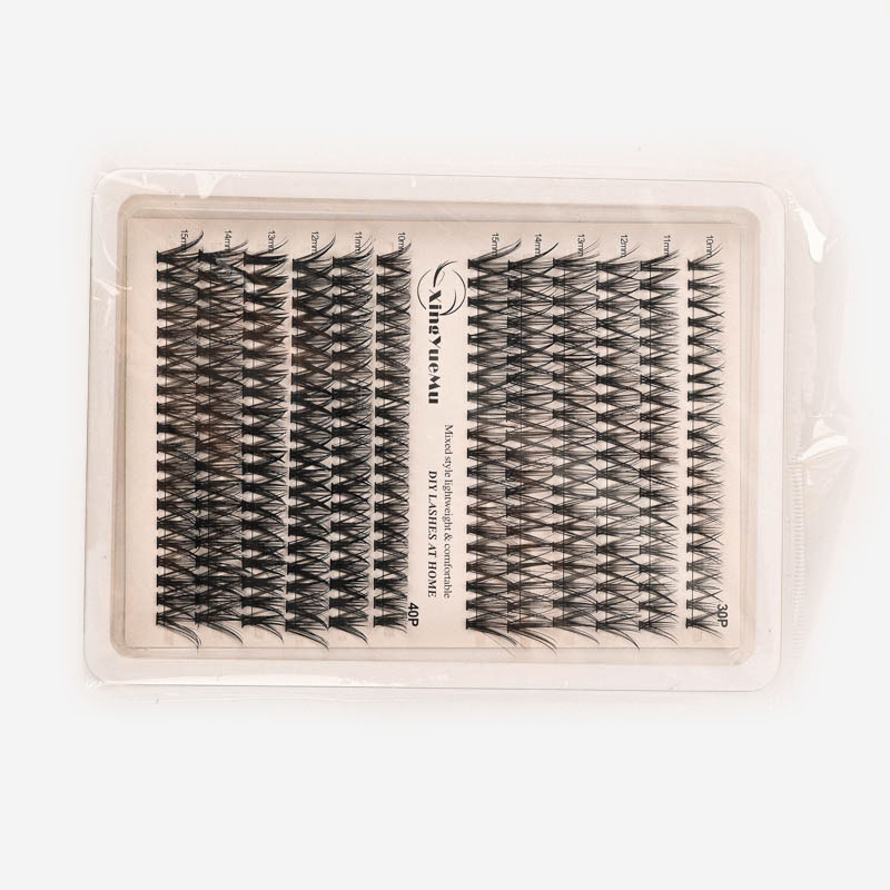 外贸跨境60D热熔朵毛假睫毛14排自然逼真嫁接分段单簇卷翘眼睫毛白底实物图