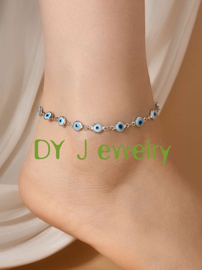 2025 European and American cross-border jewelry trend Fashion Devil's Eye Ankle Chain Retro and simple oil-dripping eye white and blue fashion jewelry ankle chain, trendy and versatile women's style details Picture