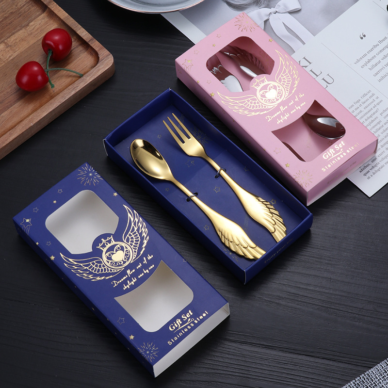 304 stainless steel spoon, ins wing spoon, coffee spoon, golden small fork, dessert three-toothed fork, spoon, small gift Specification drawing