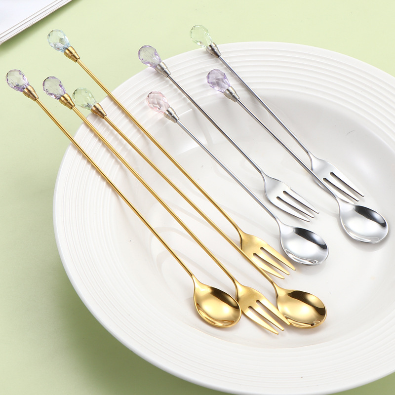 Stainless steel spoon, crystal diamond coffee spoon, long-handled mixing spoon, fruit fork, dessert spoon, cocktail ice spoon full figure
