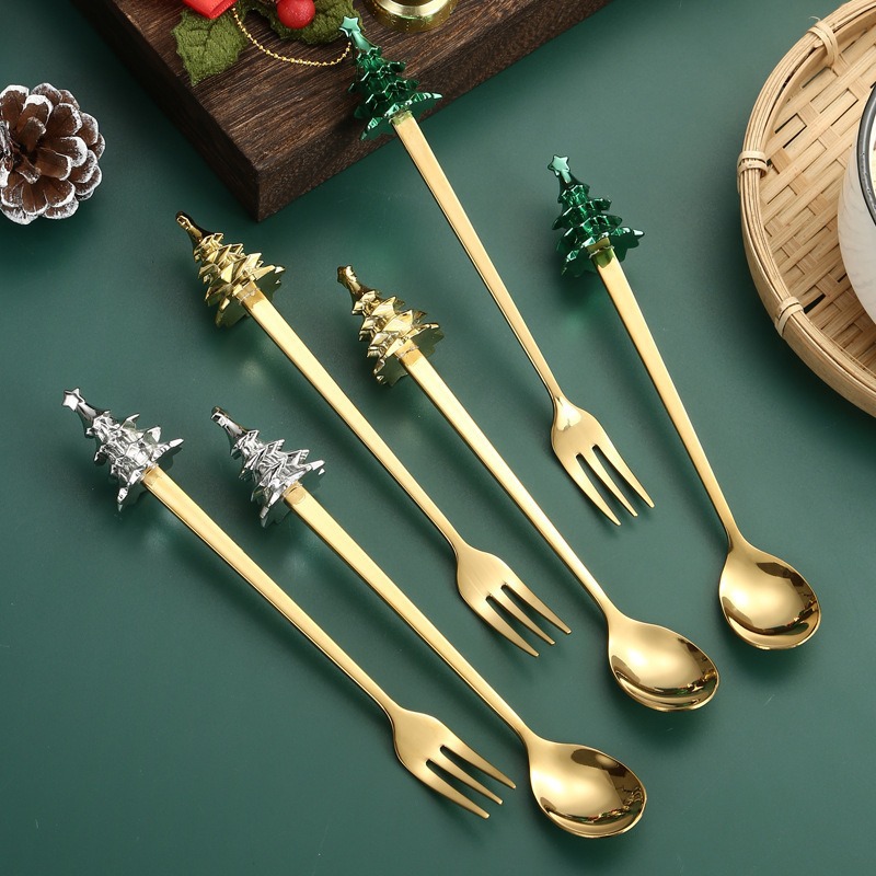 Creative Christmas tree tableware, coffee spoon, stainless steel spoon, fruit fork, dessert spoon, Christmas spoon and fork gift box set Specification drawing