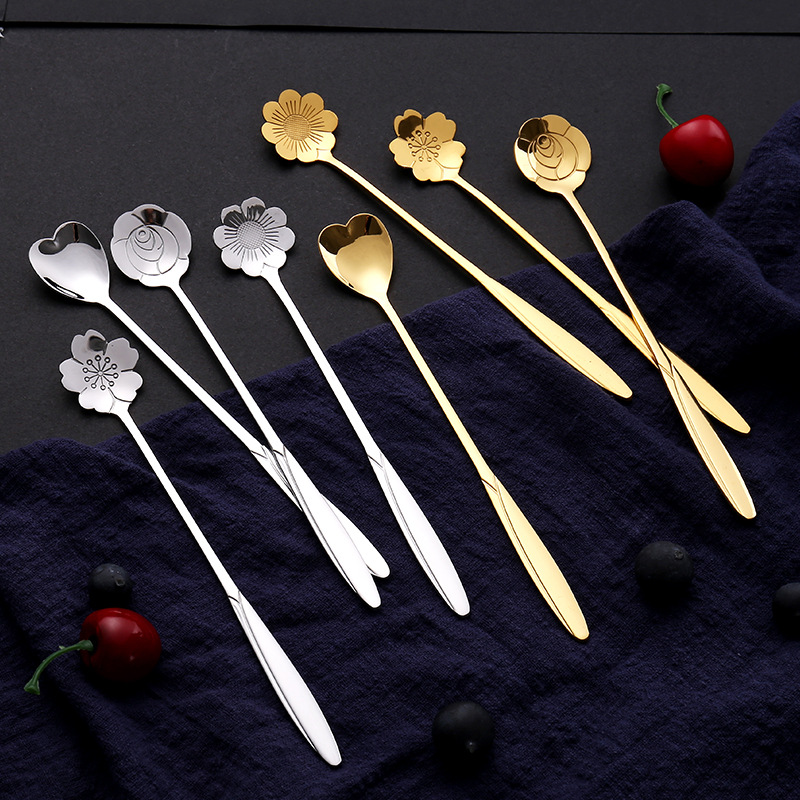 304 stainless steel flower spoon, long handle, golden stirring spoon, high appearance level, cherry blossom spoon as a souvenir, factory direct sales details Picture