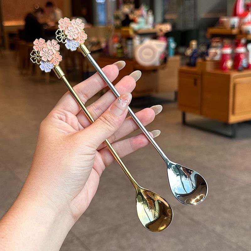 Cross-border 304 stainless steel spoon, Japanese cherry blossom spoon, exquisite dessert spoon, long-handled ice spoon, household bird's nest stirring spoon full figure