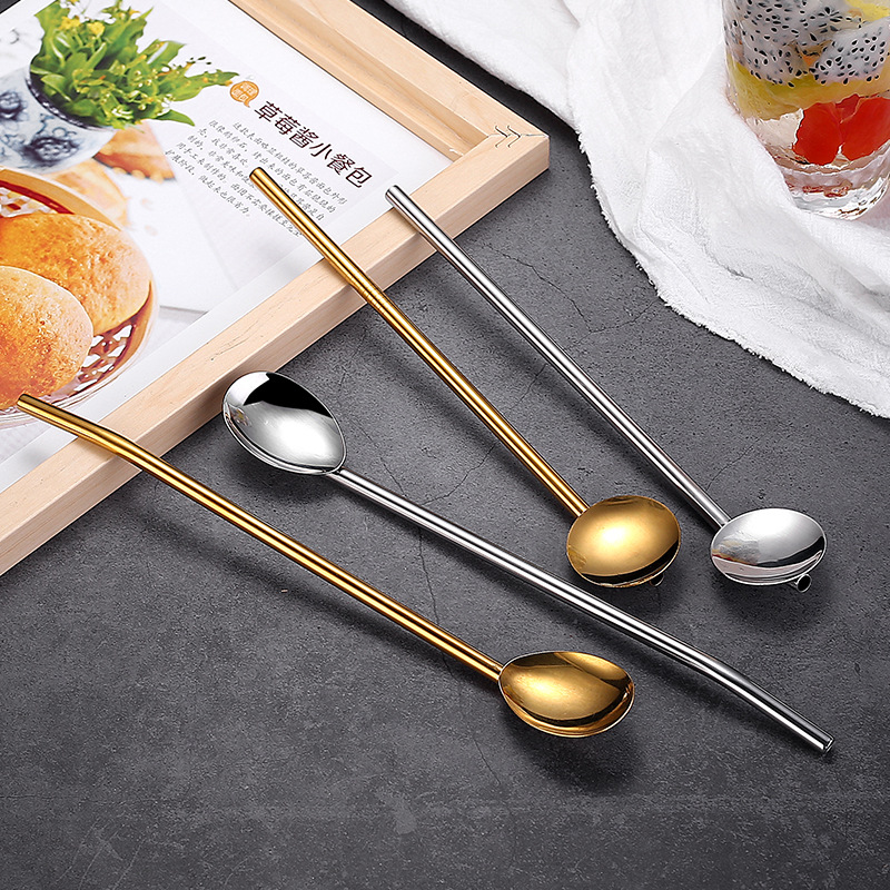 Wholesale 304 stainless steel straw milk tea long-handled stirring rod, multi-functional beverage straw spoon, bar cocktail spoon details Picture