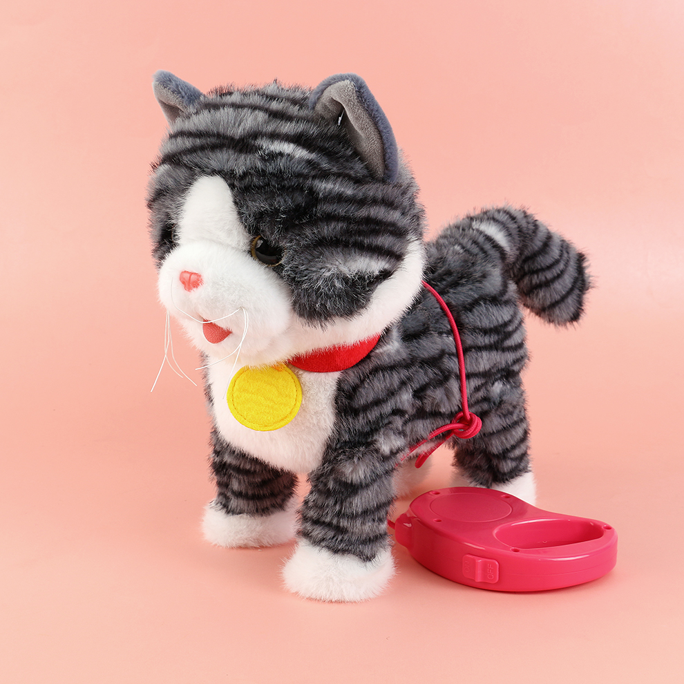 The striped electric plush kitten can sing before going to bed to soothe it. It records the goodnight voice message and is super well-behaved when it rubs against the pillow in a cute way