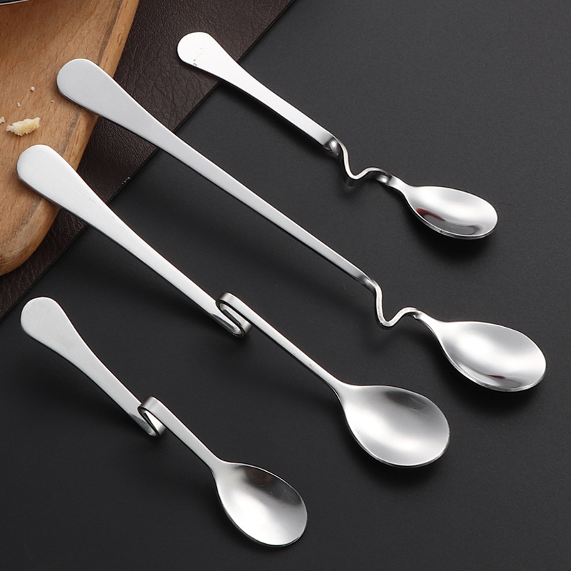 Stainless steel wall-hanging spoon, creative curved handle twist spoon, S-shaped hanging cup spoon, dessert spoon, coffee and milk tea curved stirring spoon details Picture