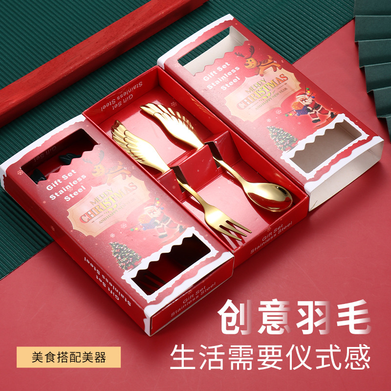 Cross-border stainless steel tableware set, Christmas spoon and fork gift box, golden wing spoon and fork, coffee mixing spoon, dessert fork details Picture