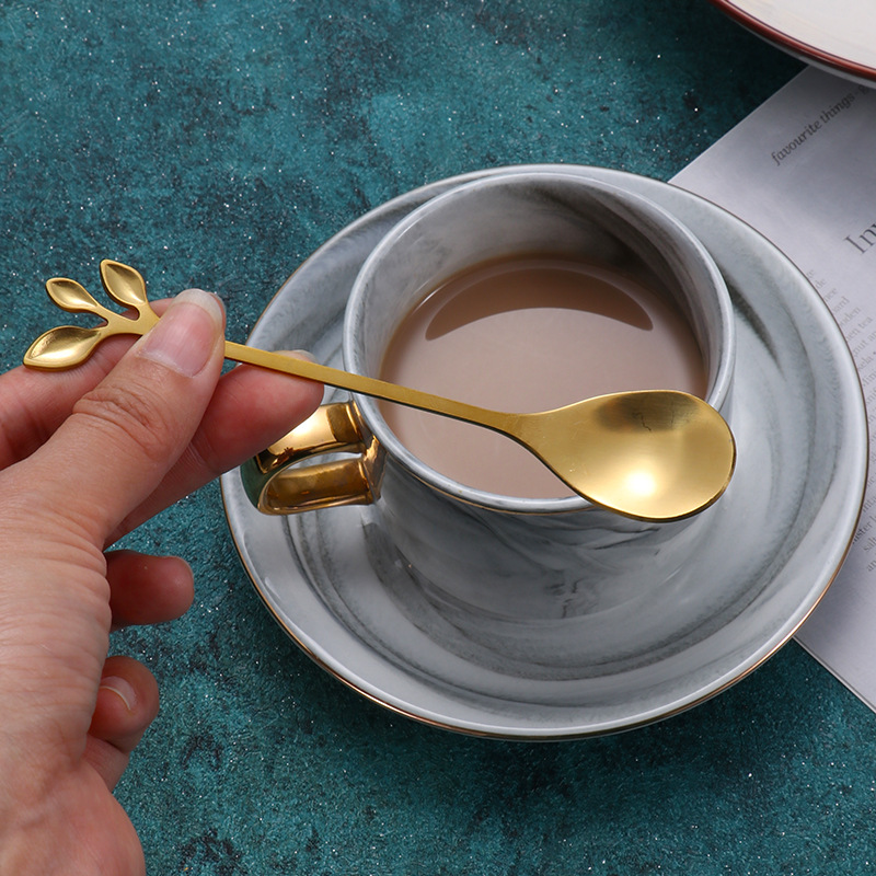 Stainless steel spoon, golden leaf spoon, fruit fork, souvenir spoon, coffee stirring spoon, honey spoon, bird's nest lotus root starch spoon details Picture