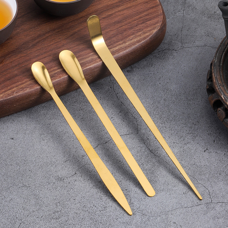 Stainless steel tea saucer, Pu 'er tea spoon, golden long-handled tea needle, tea dividing spoon, tea brewing tool, tea prying needle, tea ceremony accessories full figure
