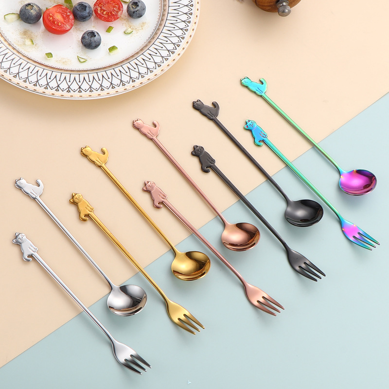 Cross-border 304 spoons and forks, stainless steel coffee spoons, high appearance level, kitten spoons, creative fruit forks, cake dessert spoons details Picture