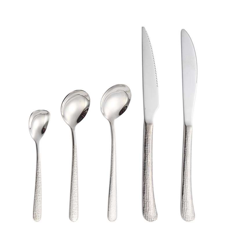 304 stainless steel knife, fork and spoon, elegant hammer texture dessert spoon and fork crack, Western tableware, Western cuisine knife, hotel steak knife Item Picture