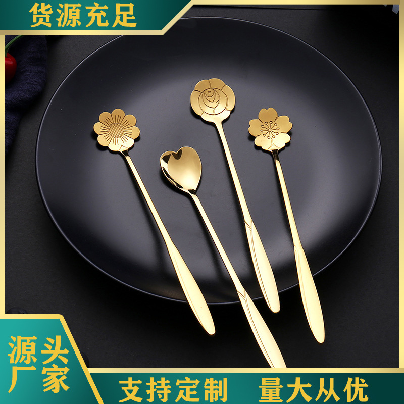 304 stainless steel flower spoon, long handle, golden stirring spoon, high appearance level, cherry blossom spoon as a souvenir, factory direct sales full figure