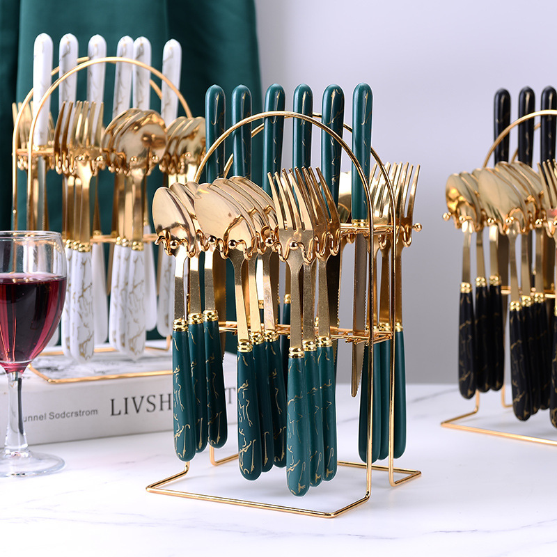 Cross-border stainless steel knives, forks and spoons, Nordic 24-piece set of tableware, marbled dessert spoons, steak knives and forks gift box set details Picture