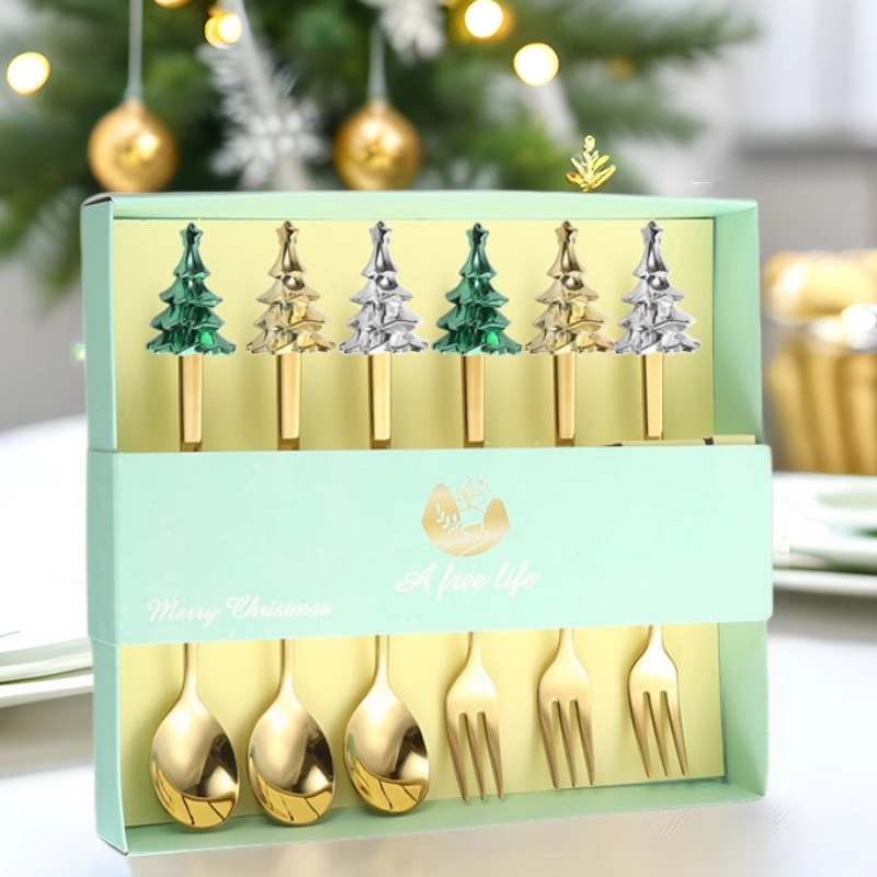 Creative Christmas tree tableware, coffee spoon, stainless steel spoon, fruit fork, dessert spoon, Christmas spoon and fork gift box set full figure