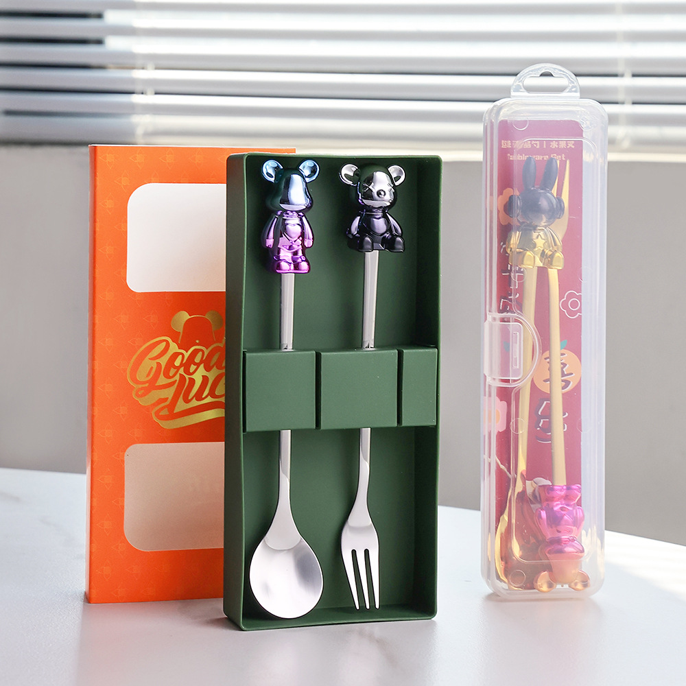 Creative stainless steel spoon and fork set, cartoon colorful coffee spoon, bear dessert spoon and fork, children's spoon, portable tableware full figure