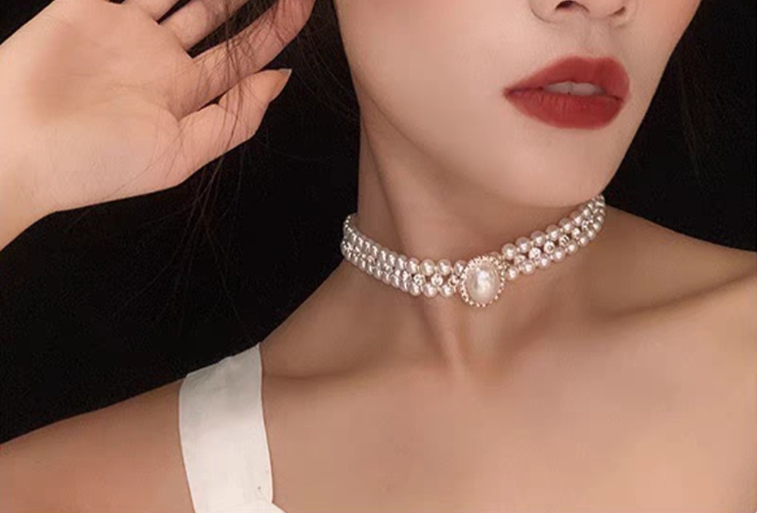 法式复古水钻珍珠项链新娘婚纱颈链旗袍礼服耳环配饰锁骨链白底实物图