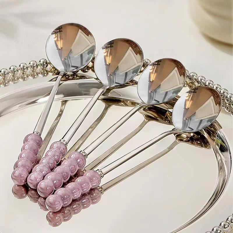 Stainless steel spoon with pearl handle, dessert spoon, light luxury ins-style cake spoon, small stirring spoon, household coffee spoon details Picture