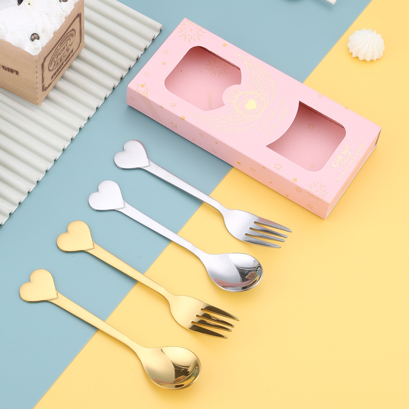 Stainless steel heart-shaped spoon, bird's nest spoon, coffee spoon, dessert spoon, fruit fork, mixing spoon, creative spoon, Christmas gift set details Picture