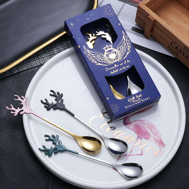 Christmas stainless steel spoon gift tableware set, moose coffee spoon 304, mixing spoon, fun New Year gift full figure