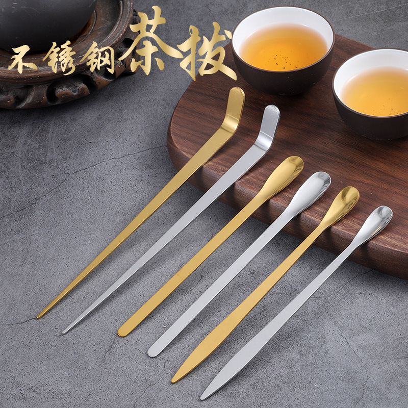 Stainless steel tea saucer, Pu 'er tea spoon, golden long-handled tea needle, tea dividing spoon, tea brewing tool, tea prying needle, tea ceremony accessories details Picture