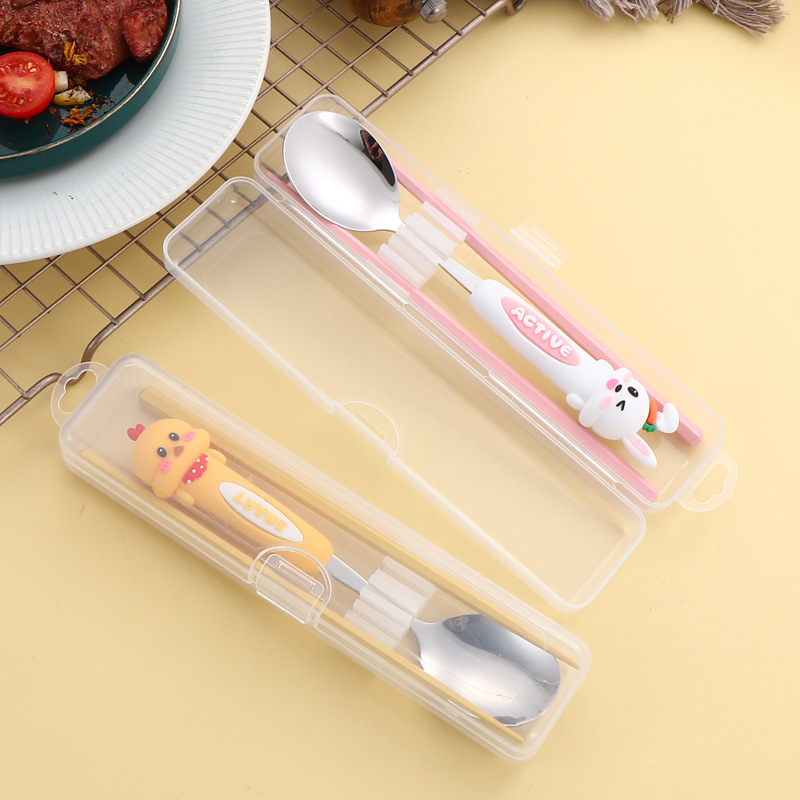 Children's portable tableware 304 stainless steel spoons, cartoon and cute spoons and chopsticks, home baby eating spoons and plates set Specification drawing