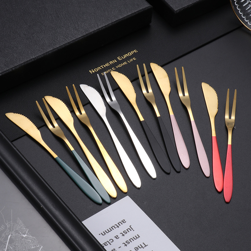 Stainless steel fruit fork set, dessert cake two-toothed fork, ins mooncake knife and fork, Internet celebrity gift set Specification drawing