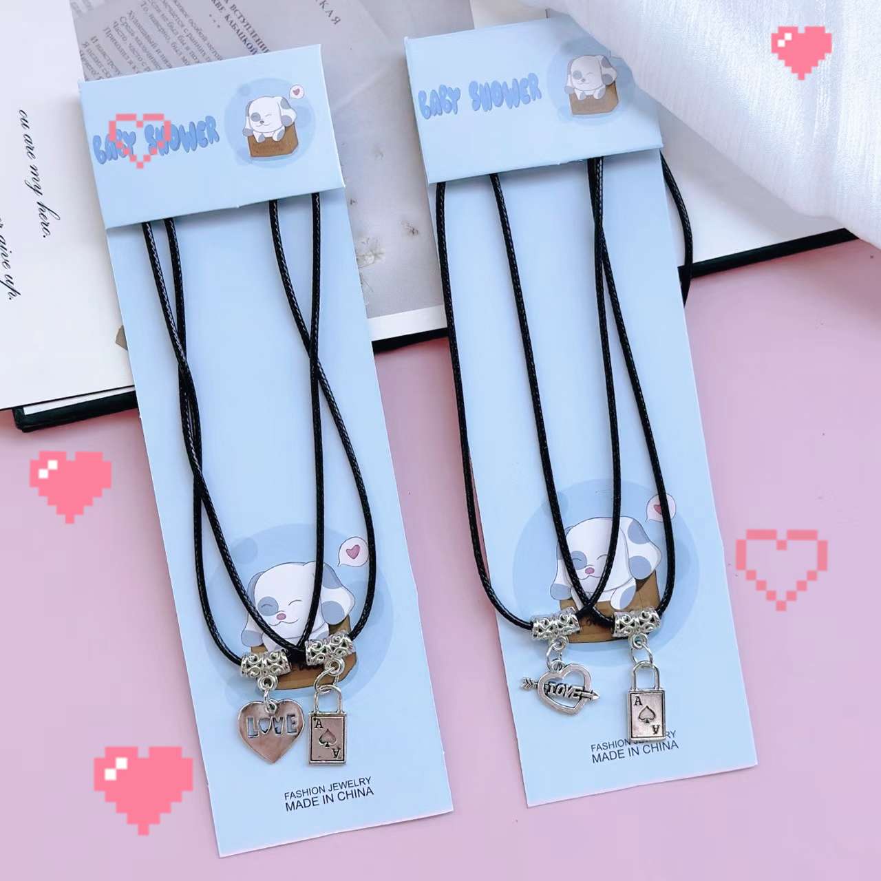 12 pieces per pack of alloy couple necklaces, simple, easy to match, trendy style, fashionable, suitable for gifting, suitable for students to wear, made of leather rope. (Mixed) necklace Item Picture